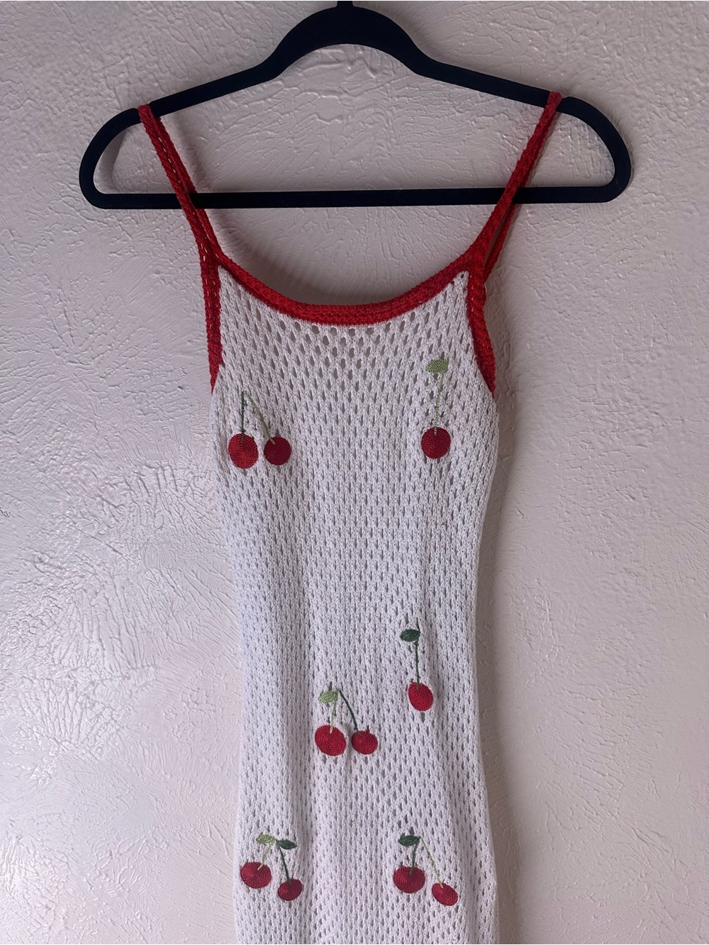 Fashion Nova White Crochet Maxi Dress with Red Cherry Accents